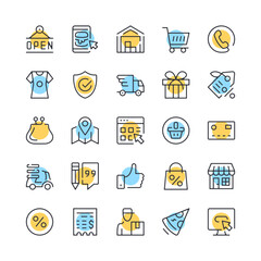 Online shopping line icons. Set of online store icons. Black, blue and yellow colors. Modern outline graphic design. Vector line icons set