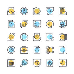 Job search line icons. Set of employment icons. Black, blue and yellow colors. Modern outline graphic design. Vector line icons set