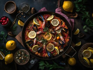 Paella de Mariscos: A seafood version of Spanish paella that includes shrimp, mussels, clams, squid, spices, herbs, vegetables, rice, and sometimes fish. - Generative AI