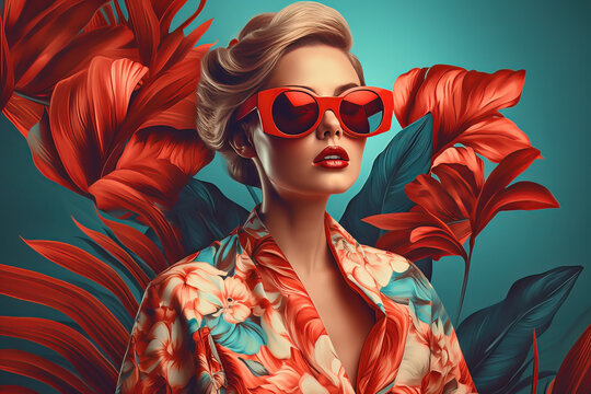 Vintage Illustration of a beautiful woman with red sunglasses over silhouettes of palm trees, Pin up, pop art, Generative AI