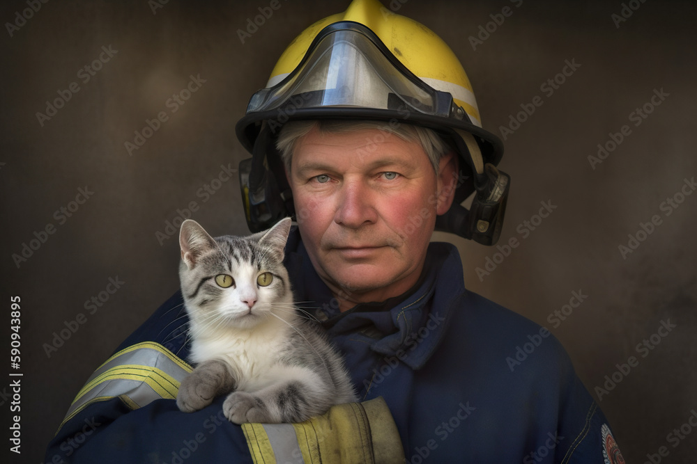 Poster tired but satisfied firefightre with rescued cat. ai generative image