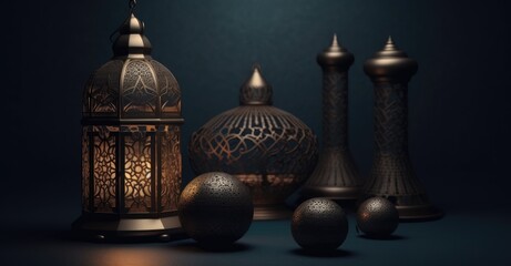An image of an illuminated eid lantern at night with generative ai