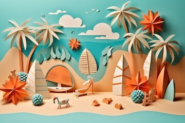 Summer travel vacation beach holidays concept. Retro paper art collage. Generative AI