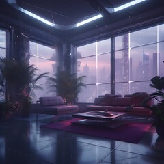 Futuristic living room with interior design. futuristic, glass window, skyscraper, cyberpunk, clouds, foggy, purple, plants, concept. Created using generative AI.