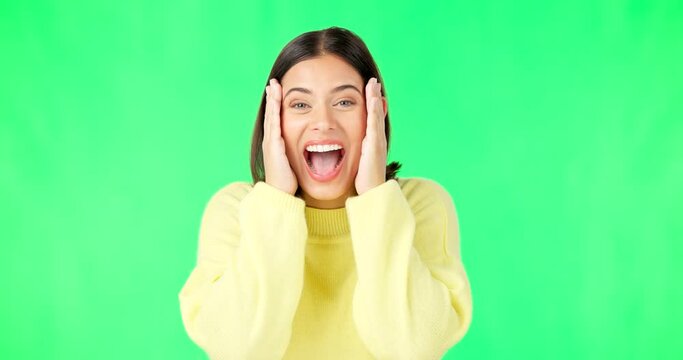Green screen, surprise and wow face of woman for news, announcement and deal information in studio. Excited, happy and portrait of isolated girl smile with shocked, emoji and omg facial expression