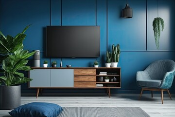 modern living room with blue walls and furniture. Generative AI
