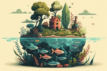 Obraz premium quaint house on a small island in the middle of a fish-filled ocean. Generative AI