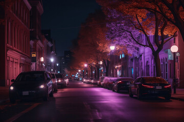 City Street With Cars And Glowing Purple Night Lights, Made Using Generative Ai