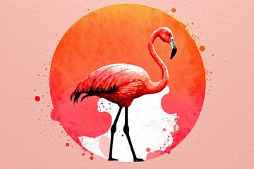 pink flamingo standing gracefully in front of a vibrant sunset. Generative AI