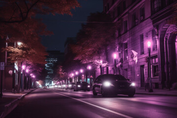 Fototapeta na wymiar City Street With Cars And Glowing Purple Night Lights, Made Using Generative Ai