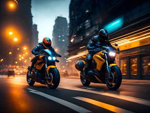 Two motorcycle street racing at night - Generative AI. Experience the thrill of high-speed street racing with this stunning image of two motorcycles tearing up the night. Download now.
