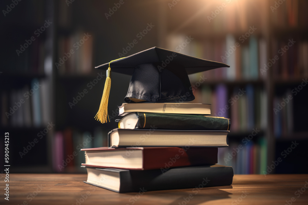 Poster graduation cap and gown at the top of tall textbooks stack, the symbol of wisdom. ai generative imag