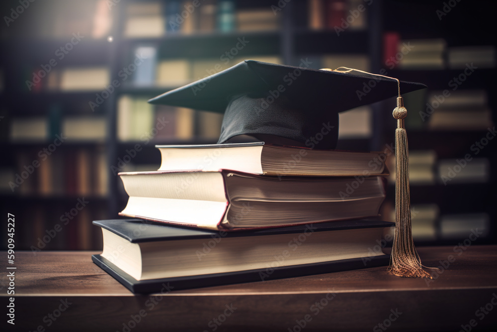 Poster graduation cap and gown at the top of tall textbooks stack, the symbol of wisdom. ai generative imag