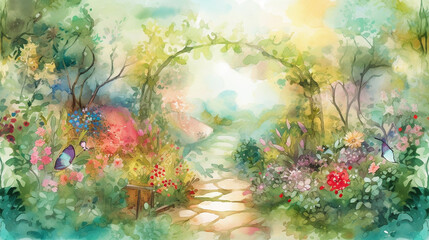 Fototapeta na wymiar Watercolor Painting of a Serene Spring Forest with Pathway and Arch