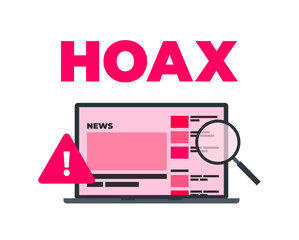 Hoax News Flat Vector Illustration Fake Disinformation False News through Laptop Gadgets with Warning and Checking Magnifying Glass Icon
