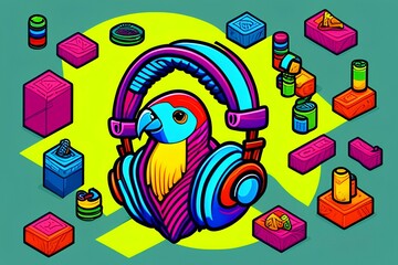 colorful bird wearing headphones-Generate AI