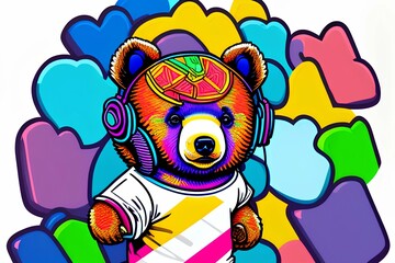 colorful bear wearing headphones-Generate AI