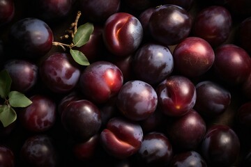 A bunch of plums with a leaf on the top