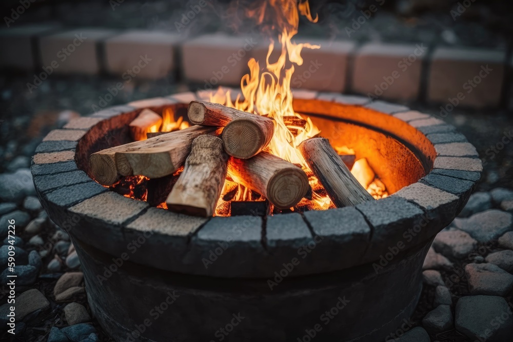 Poster close-up view of a burning fire pit with logs. generative ai