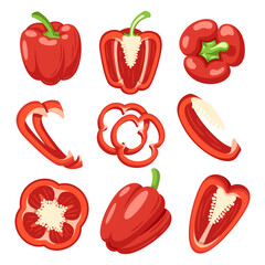 Sweet red bell peppers set isolated on white background. Bell peppers in Cartoon style. Vector illustration
