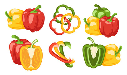 Sweet green, red and yellow bell peppers set isolated on white background. Bell peppers in Cartoon style. Vector illustration