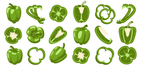 Sweet green bell peppers set isolated on white background. Bell peppers in Cartoon style. Vector illustration