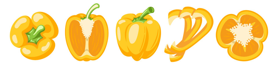 Sweet yellow bell peppers set isolated on white background. Bell peppers in Cartoon style. Vector illustration