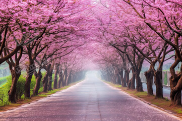 Fototapeta na wymiar Looking down pathway surrounded by blossoming cherry trees created with Generative AI technology