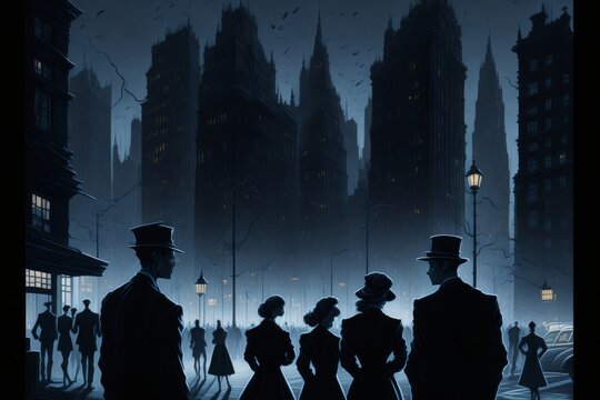 people walking in a crowded city 20th century in neo noir artstyle. Generative AI