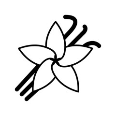Vanilla flower with pods icon. Linear style herb and spice logotype. Black on white background silhouette symbol.