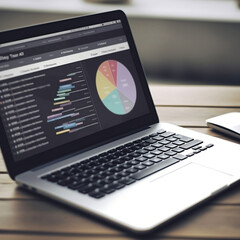 laptop with analytics, pie chart, analytics. Created using generative AI.
