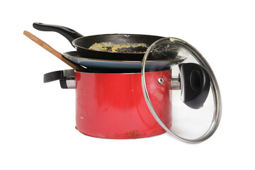Stack of dirty kitchenware on white background