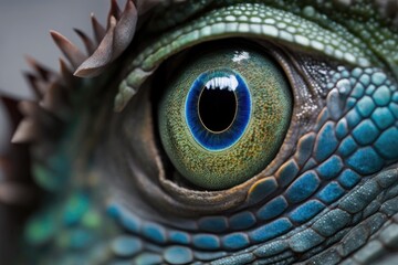 detailed close-up of a blue and green lizard's eye. Generative AI