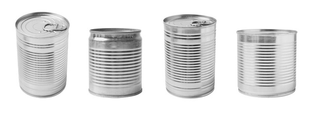 Set of different metal cans on white background
