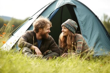 young couple posing in front of a tent, male and female mountaineers. Generative AI