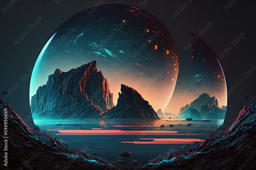 Poster futuristic mountainous landscape with multiple planets in the sky. generative ai