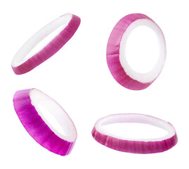 Collage with fresh red onion slices on white background