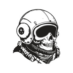 astronaut helmet skull, vintage logo concept black and white color, hand drawn illustration