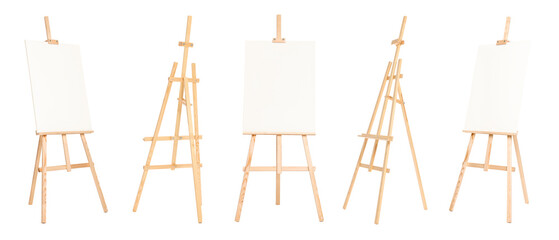 Wooden easel isolated on white, different sides