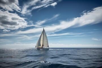 Obraz premium Beach Landscape A sailboat gliding across the water, its sails billowing in the wind, elegant hull, polished wood, white sails, sunlit water 3- AI Generative