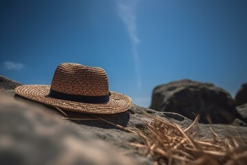 Beach Landscape A sun hat resting on a rock, ready to provide shade on a hot day, wide brim, woven straw material, decorative ribbon 3- AI Generative
