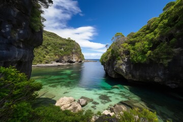 Obraz premium Beach Landscape A tranquil lagoon surrounded by lush vegetation and dramatic cliffs, turquoise water, gentle waves, secluded location, vibrant green plants 4 - AI Generative