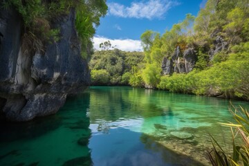 Beach Landscape  A tranquil lagoon surrounded by lush vegetation and dramatic cliffs, turquoise water, gentle waves, secluded location, vibrant green plants 1 - AI Generative