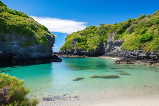 Beach Landscape A tranquil lagoon surrounded by lush vegetation and dramatic cliffs, turquoise water, gentle waves, secluded location, vibrant green plants 3- AI Generative