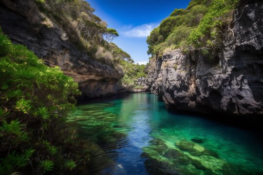 Beach Landscape A tranquil lagoon surrounded by lush vegetation and dramatic cliffs, turquoise water, gentle waves, secluded location, vibrant green plants 2- AI Generative