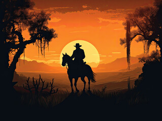 Fototapeta na wymiar Rustic Western Scene with Cowboy Horse and Sunset Sky Illustration