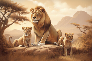 Lion Family Roaming in the Serengeti - obrazy, fototapety, plakaty
