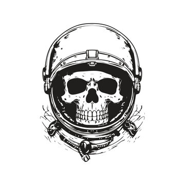 astronaut skull, vintage logo concept black and white color, hand drawn illustration