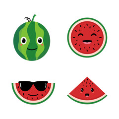 Watermelon slice cute fruit kawaii vector character colection