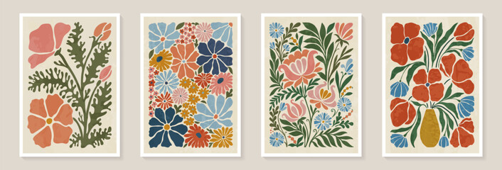Set of trendy vintage wall prints with flowers, leaves, shapes. Modern aesthetic illustrations. Bohemian style Collection of contemporary artistic Design wall decoration, postcard, poster, brochure
